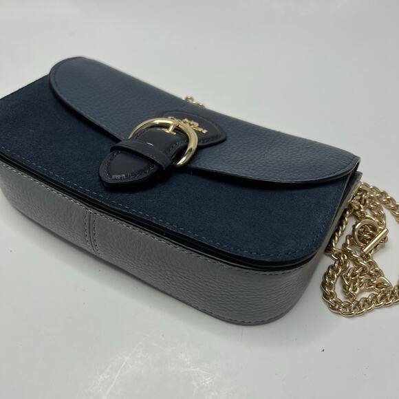 Coach Kleo Crossbody Navy Blue Suede Denim Leather Chain Gold Strap Mini Purse - Picture 5 of 16